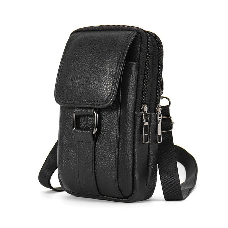 Genuine leather men's mobile phone waist bag in brown, square vertical shape with sewing line detail