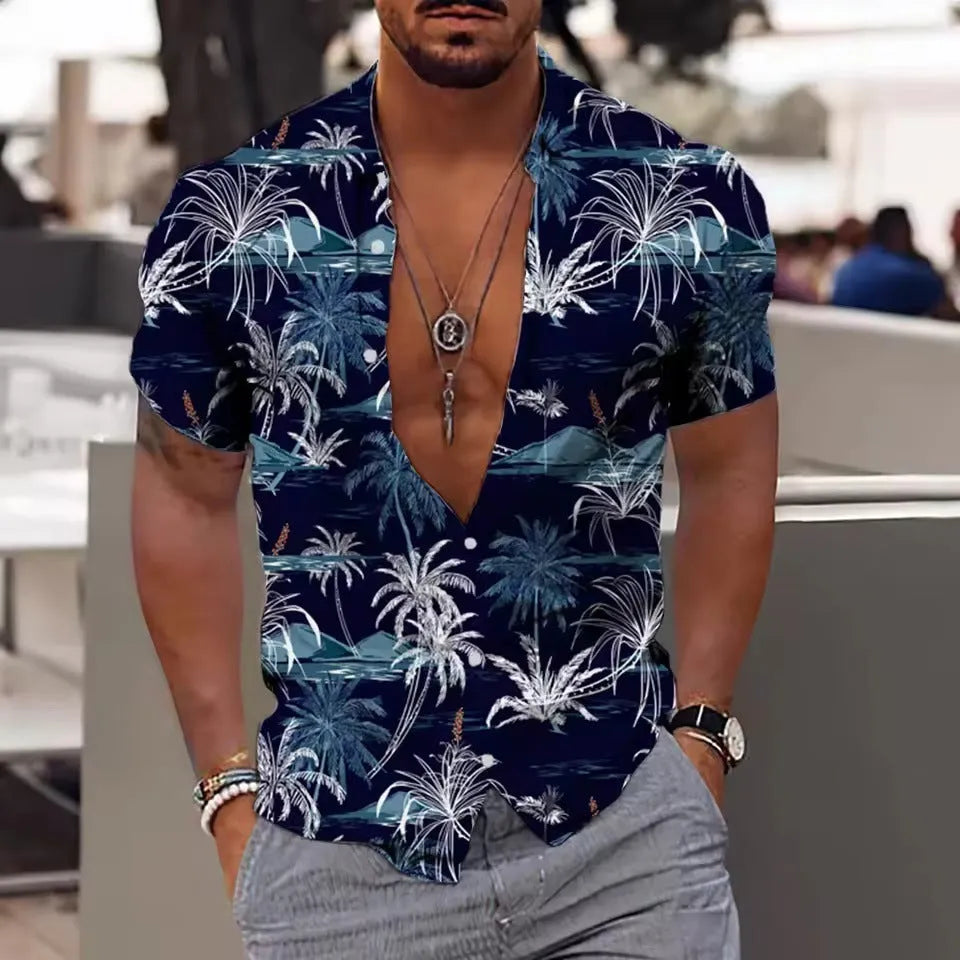 Men's loose fit floral printed beach shirt in polyester fabric with short sleeves