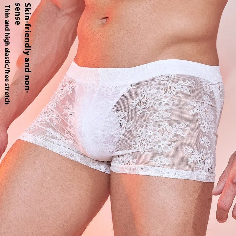 Men's lace trim boxers in black, white, and red colours made from nylon fabric
