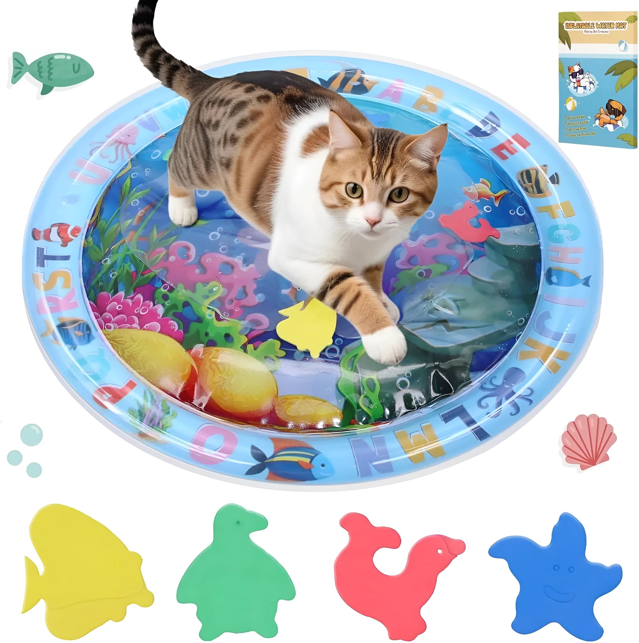 Square blue water playmat for cats and dogs with floating fish toys inside.