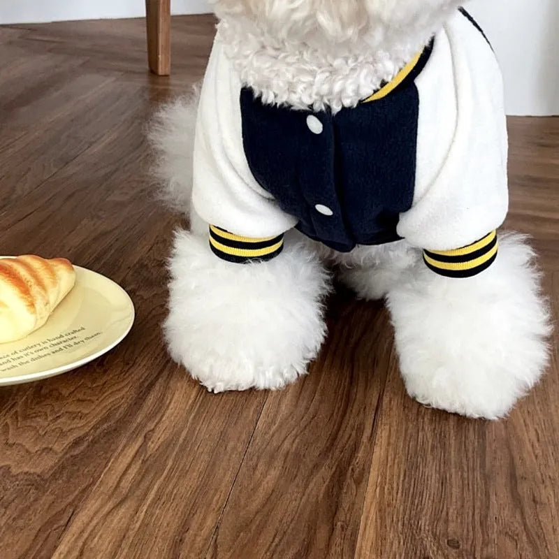 Simple printed autumn pet baseball uniform in dark blue jersey fabric, front view, size options XS to XL for dogs and cats