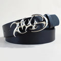 Casual PU leather belt with silver alloy snap button buckle showing three style variations
