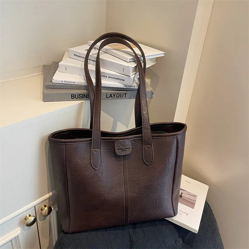 Women's large capacity PU shoulder bag in black with double straps, 37cm top width, 29cm height