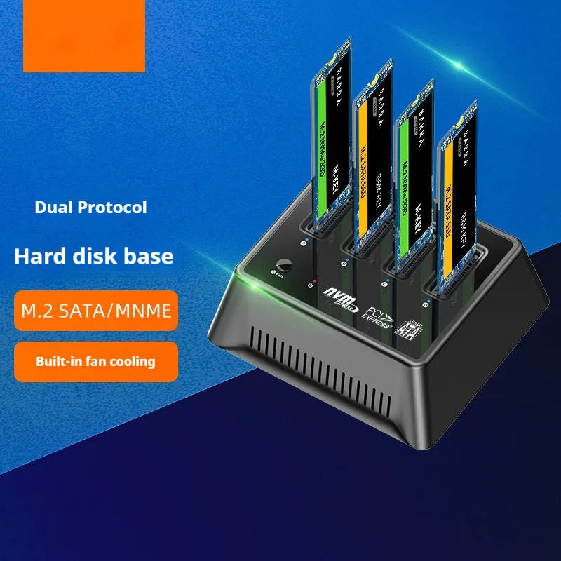 Aluminium M.2 dual protocol SSD enclosure for NVMe and SATA drives, tool-free design.