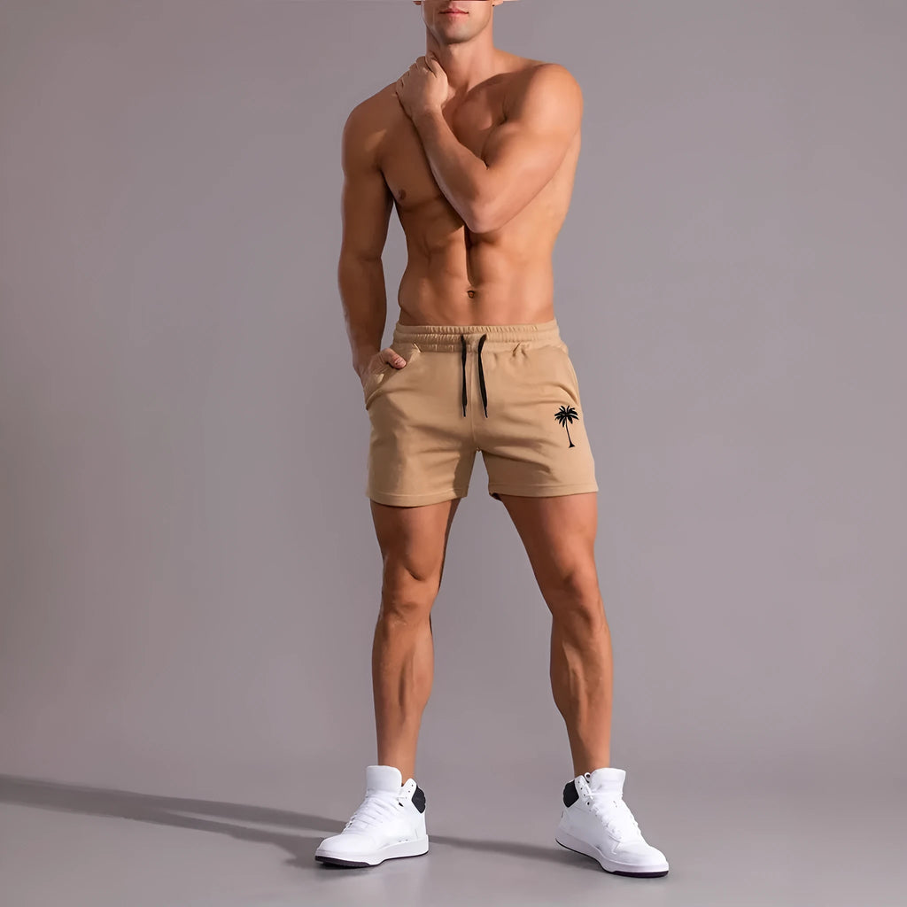 Men's khaki coconut print polyester sports shorts with straight cut design