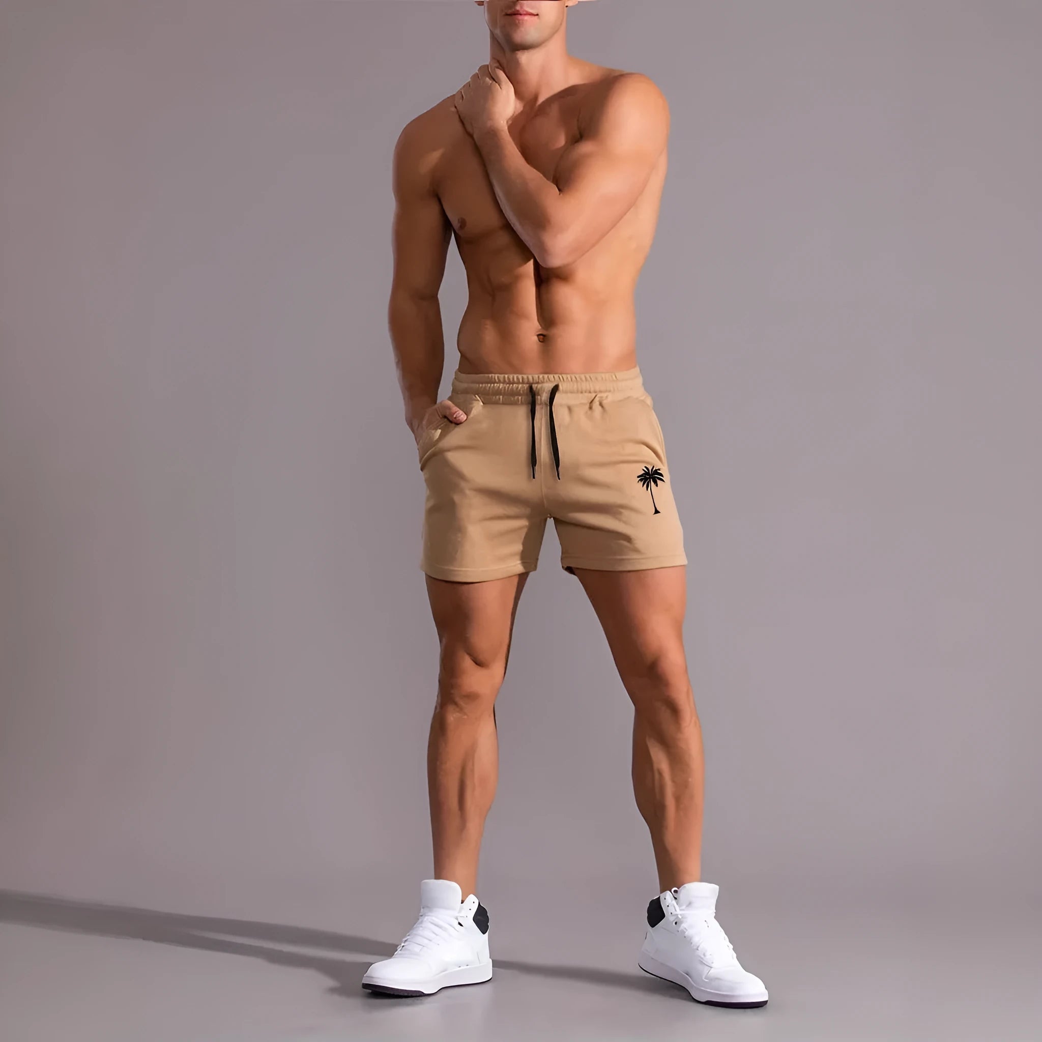 Men's khaki coconut print polyester sports shorts with straight cut design