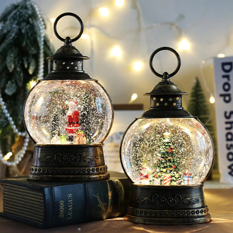 Large flat round plastic Christmas decoration rotating crystal ball music box with night light