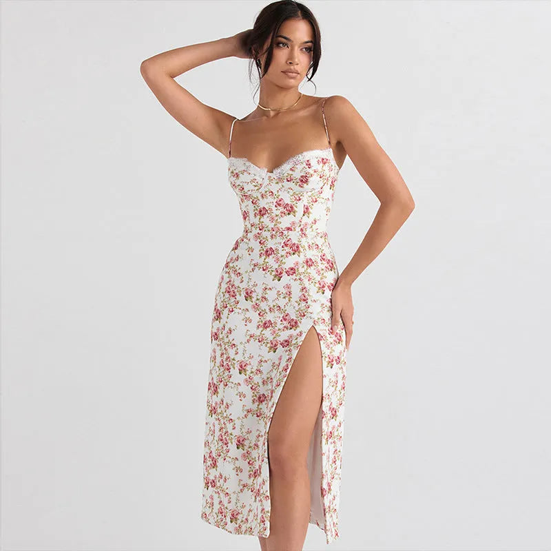 Womens blue lace flowers print long dress with side slit and black suspender straps.