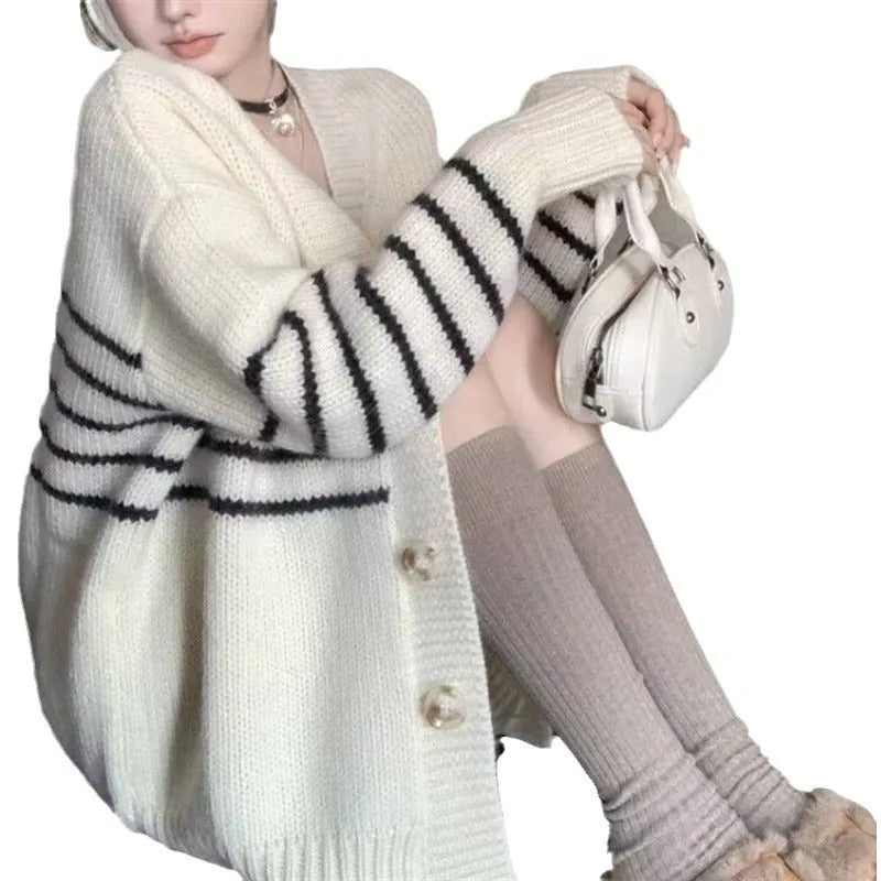 Collar button cardigan with 3D pattern in pictured colour showing Japanese Korean casual style