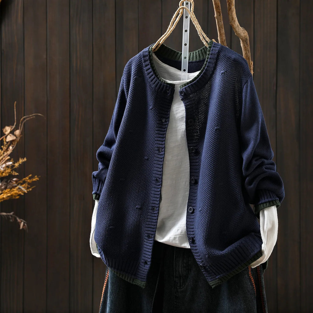 Women's cotton knitted colour block cardigan with pockets in beige, open front loose fit
