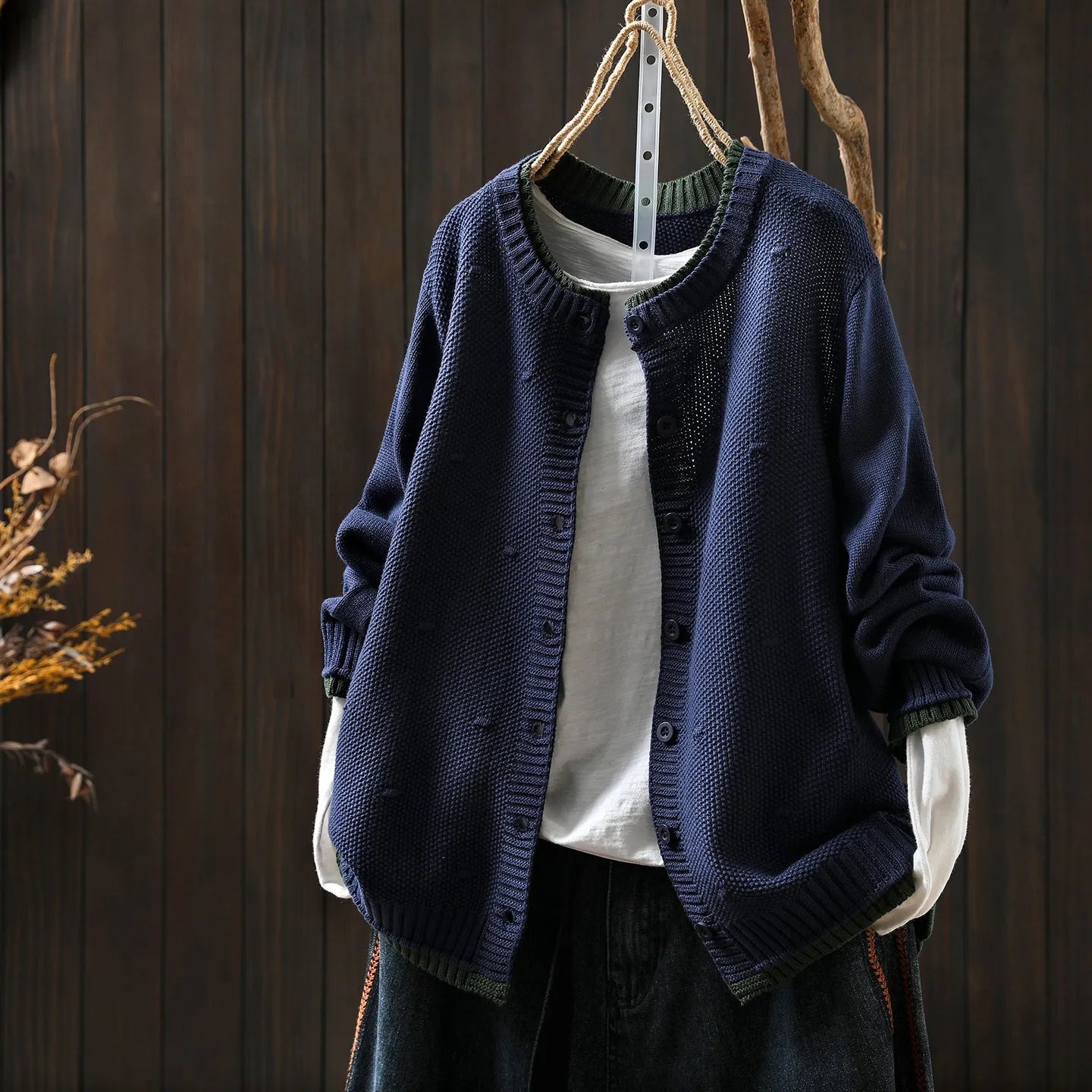 Women's cotton knitted colour block cardigan with pockets in beige, open front loose fit