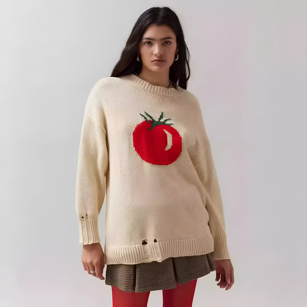 Women's milky white acrylic round neck sweater with loose fit and Jacquard detailing
