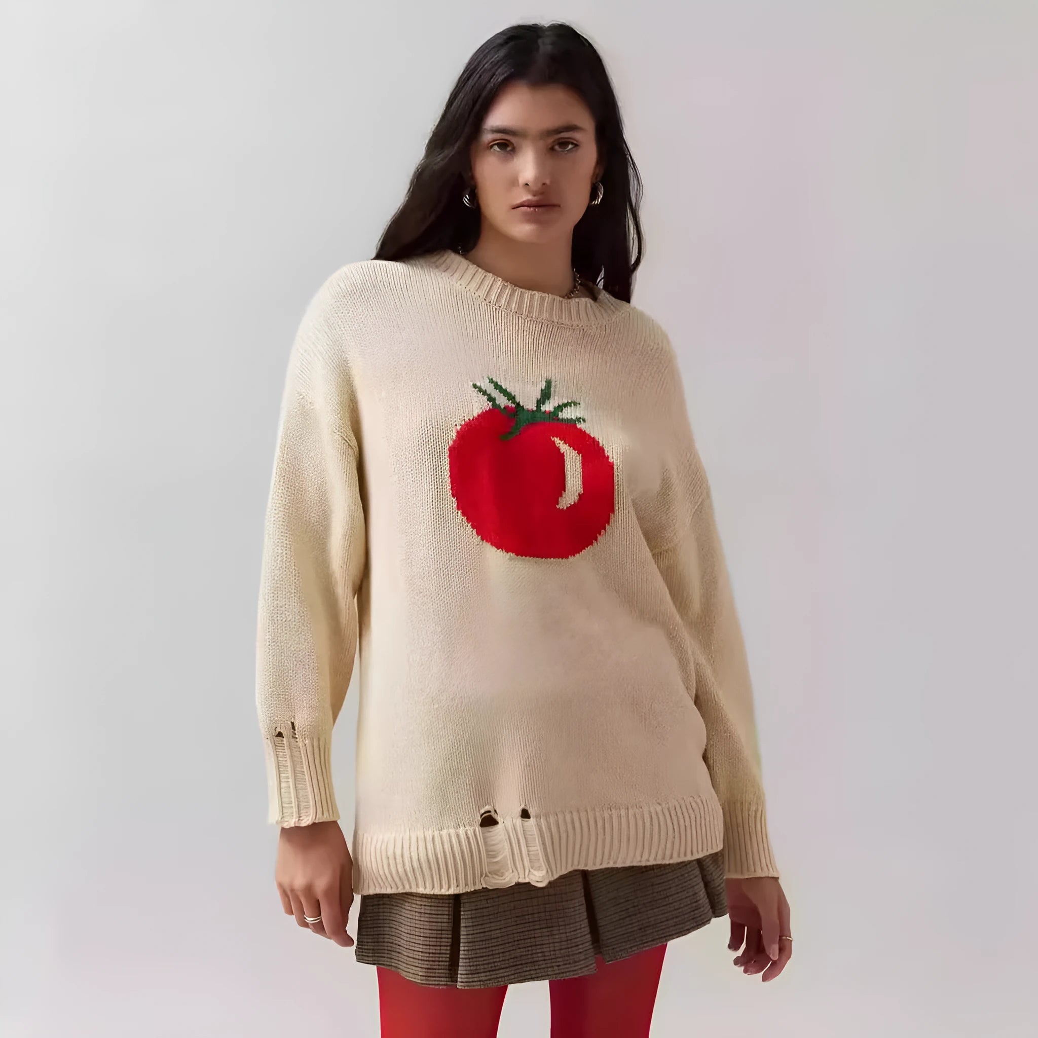 Women's milky white acrylic round neck sweater with loose fit and Jacquard detailing