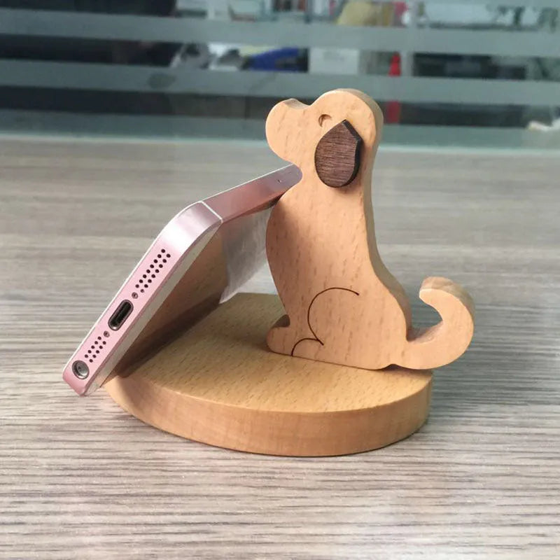 Solid beech wood mobile phone holder with a decorative resin kitten figurine on top