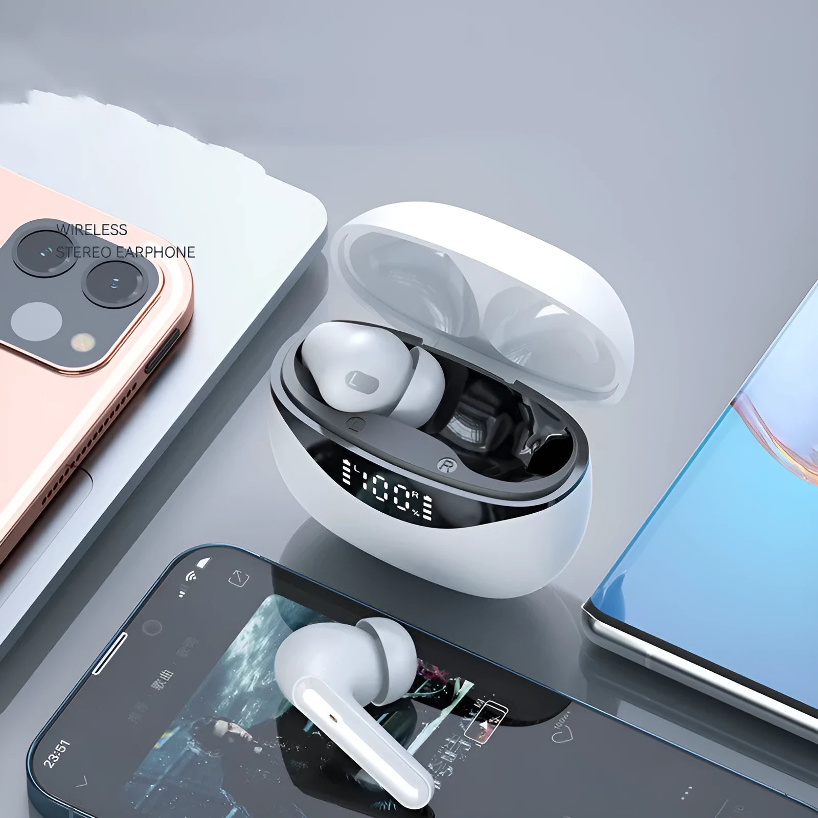 Wireless Bluetooth TWS noise reduction earbuds in black and white with compact charging case