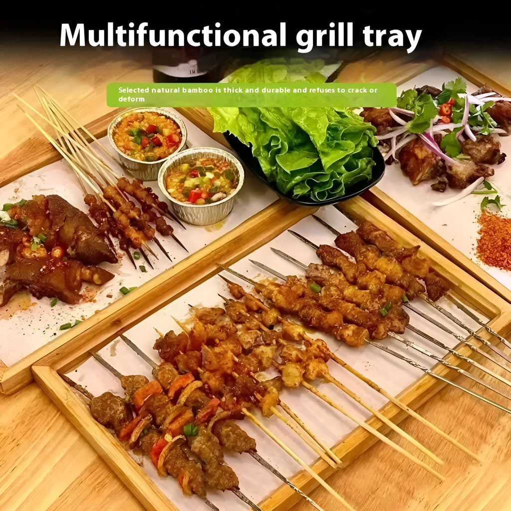 Square bamboo serving tray with brown handles in rustic solid colour for catering use