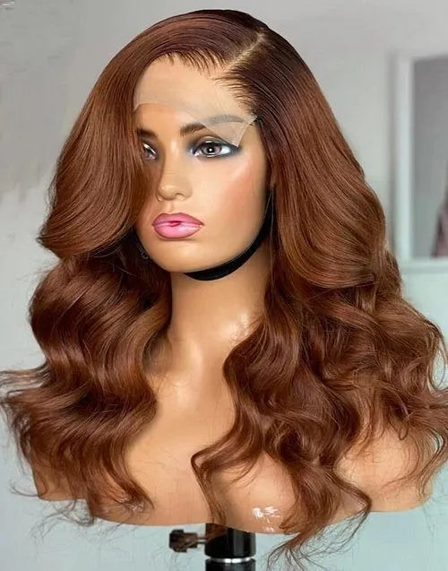 Real human hair straight wig on mannequin head, available in lengths 10 to 30 inches