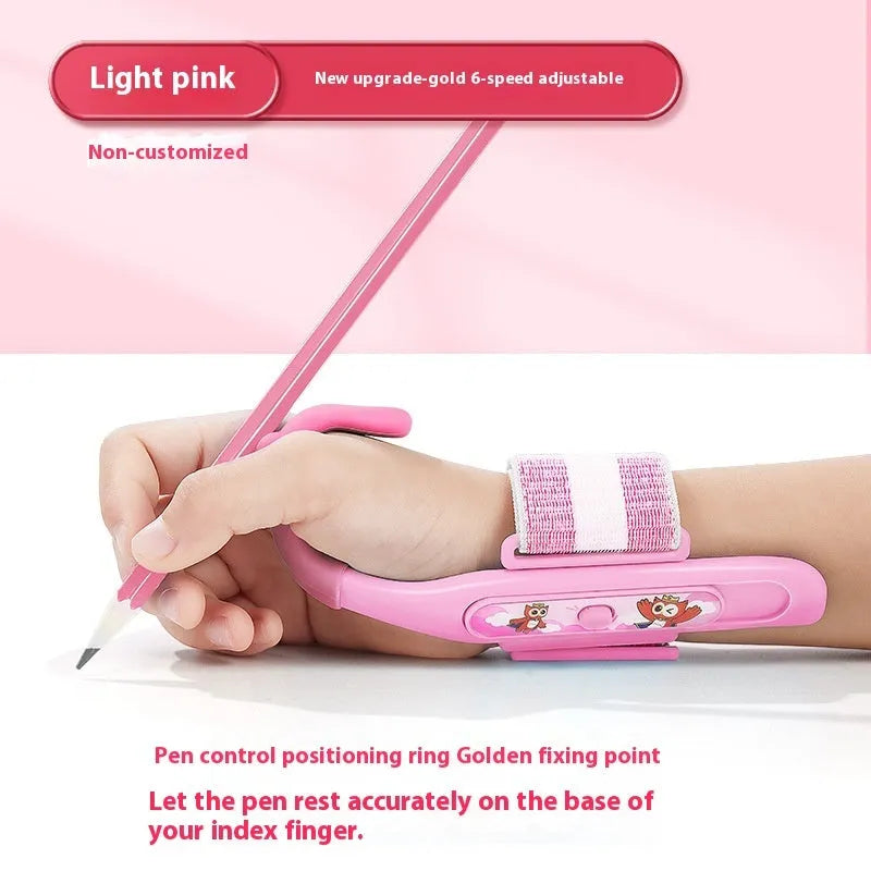 Blue Anti-hook Holder Pen Control Corrector, a wrist brace and pencil grip for children's handwriting.