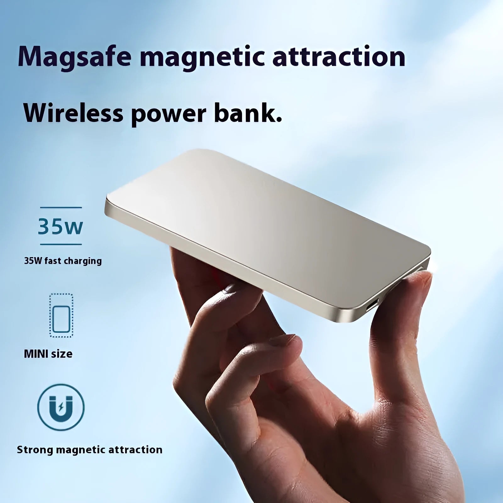 Ultra-thin wireless magnetic power bank in black with 10000mAh capacity and 20W fast charging