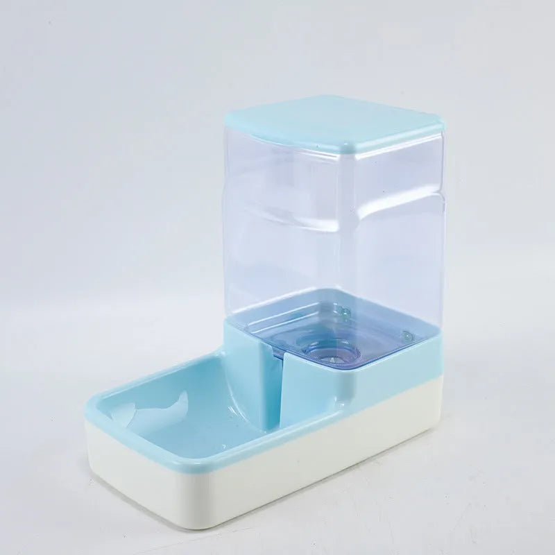 Portable automatic cat feeding and drinking station in blue, measuring 27x15.5x27cm