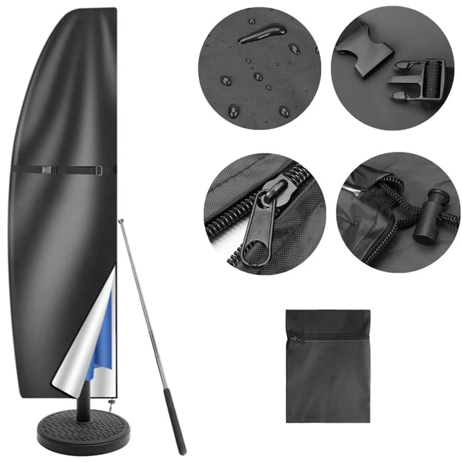 Grey waterproof Oxford cloth cover for a large outdoor offset banana umbrella.