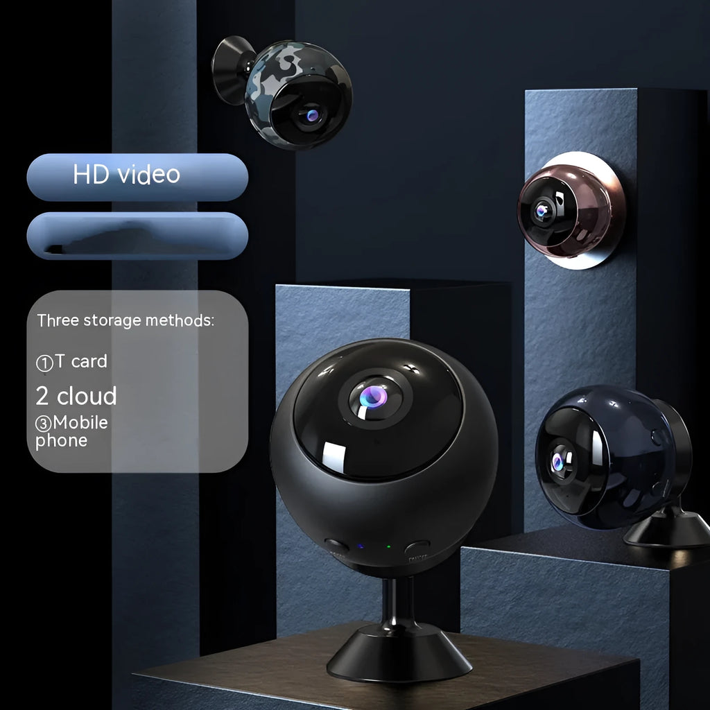 White indoor 1080p Wi-Fi security camera with USB cable on a table.