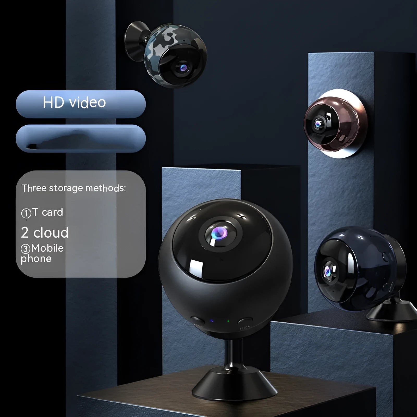 White indoor 1080p Wi-Fi security camera with USB cable on a table.