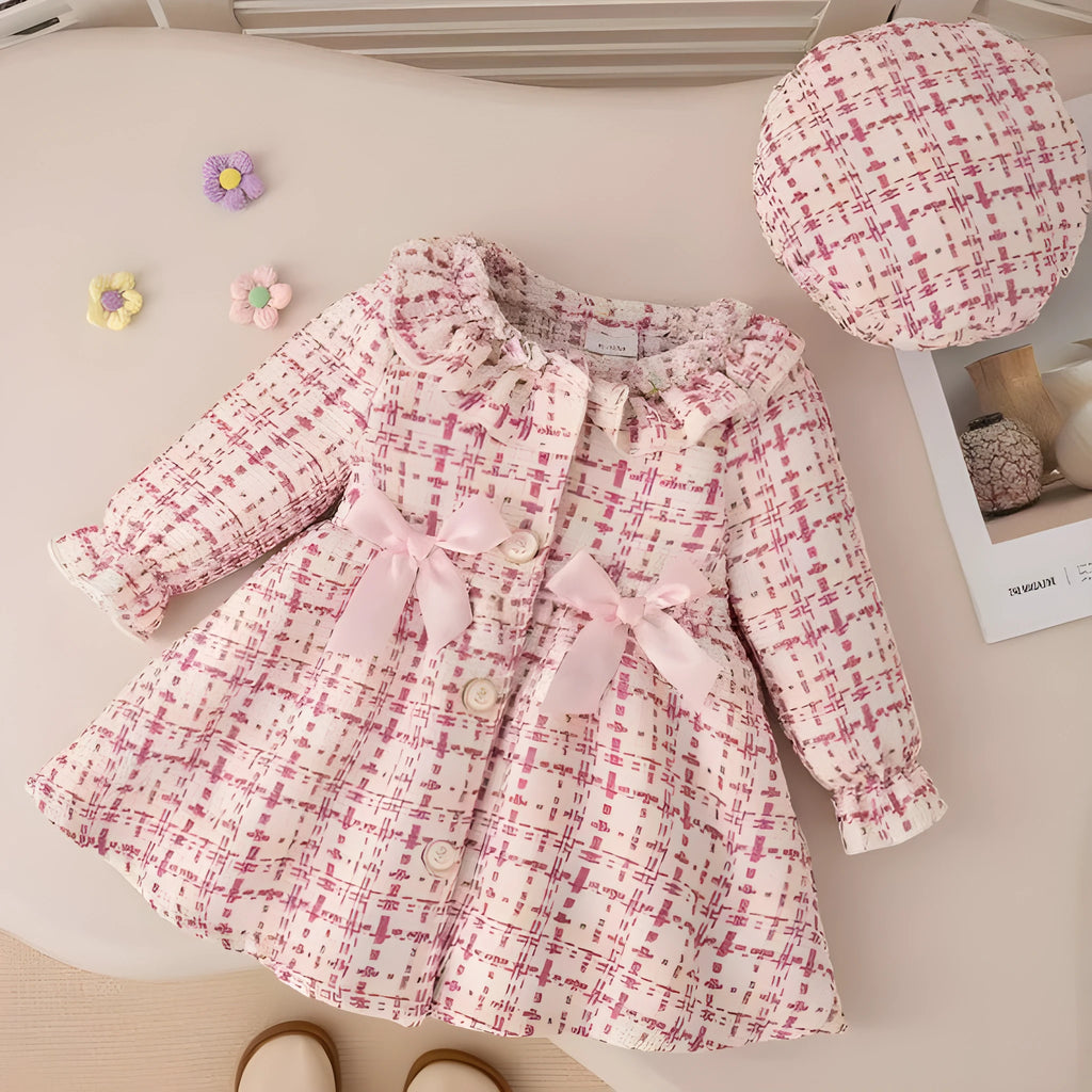 Pink plaid lace collar bow dress for baby girls, regenerated cellulose fibre fabric, suitable height 12-18 months