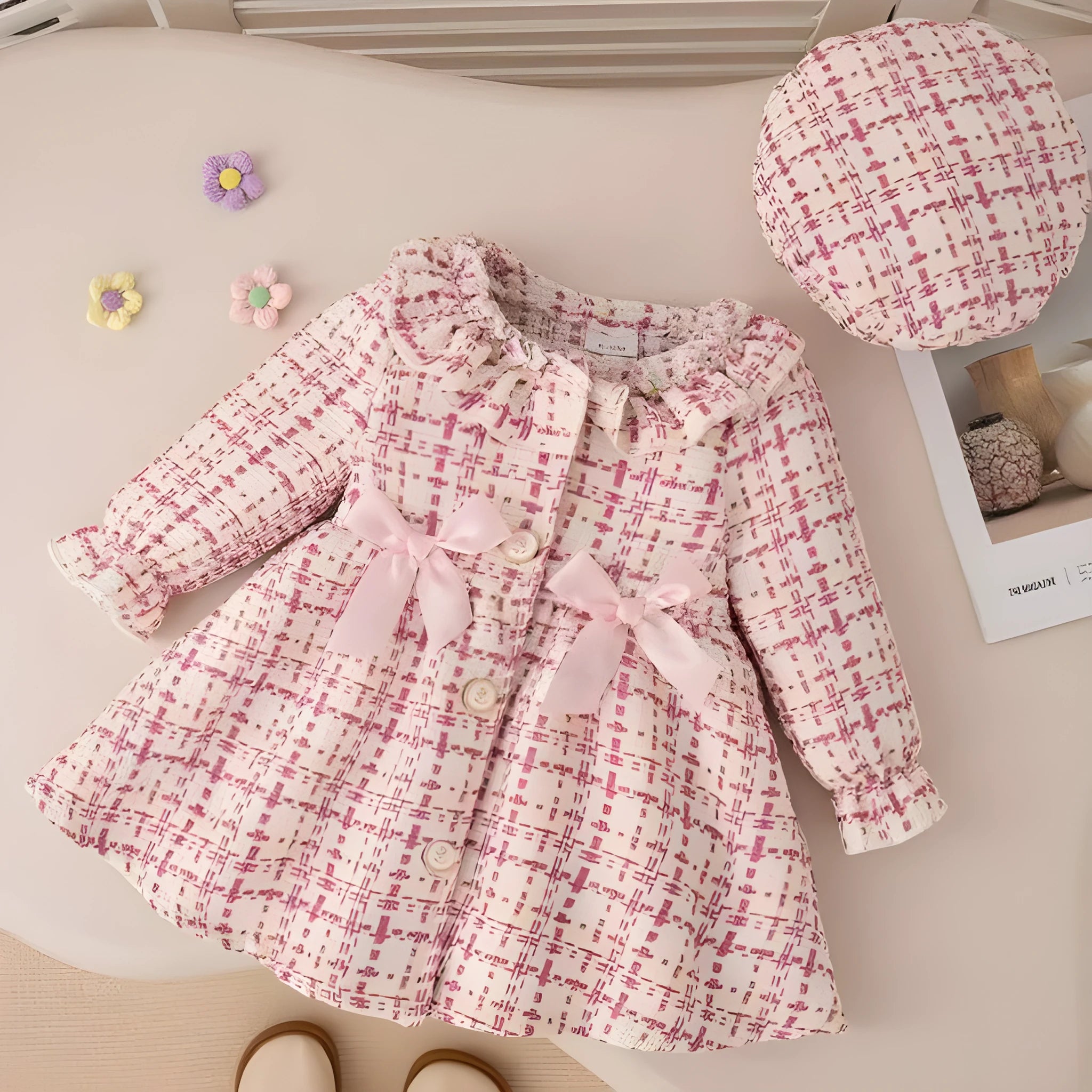 Pink plaid lace collar bow dress for baby girls, regenerated cellulose fibre fabric, suitable height 12-18 months