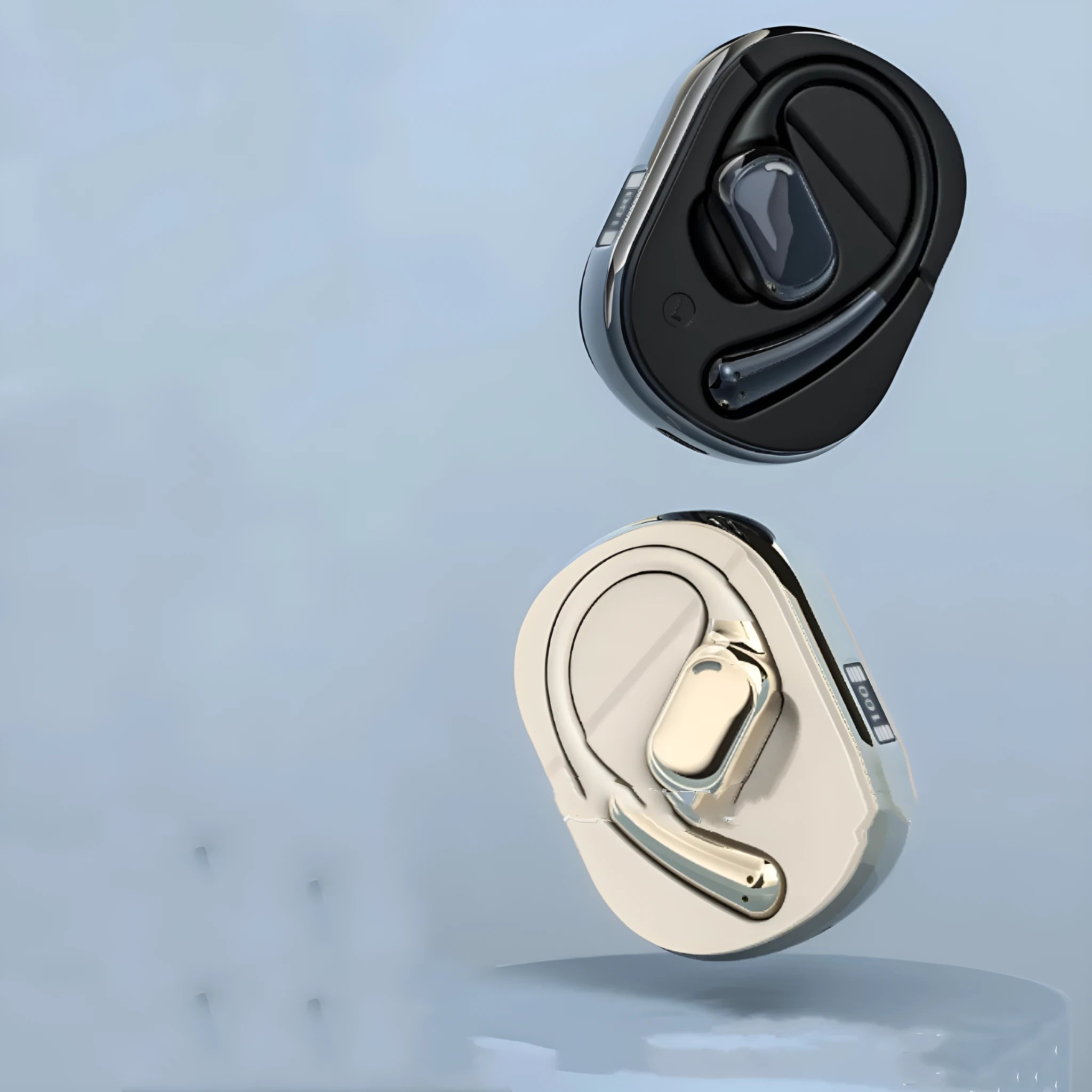 Wireless Bluetooth translation headphones in open ear-mounted design, OWS Black colour, compact and touch controlled