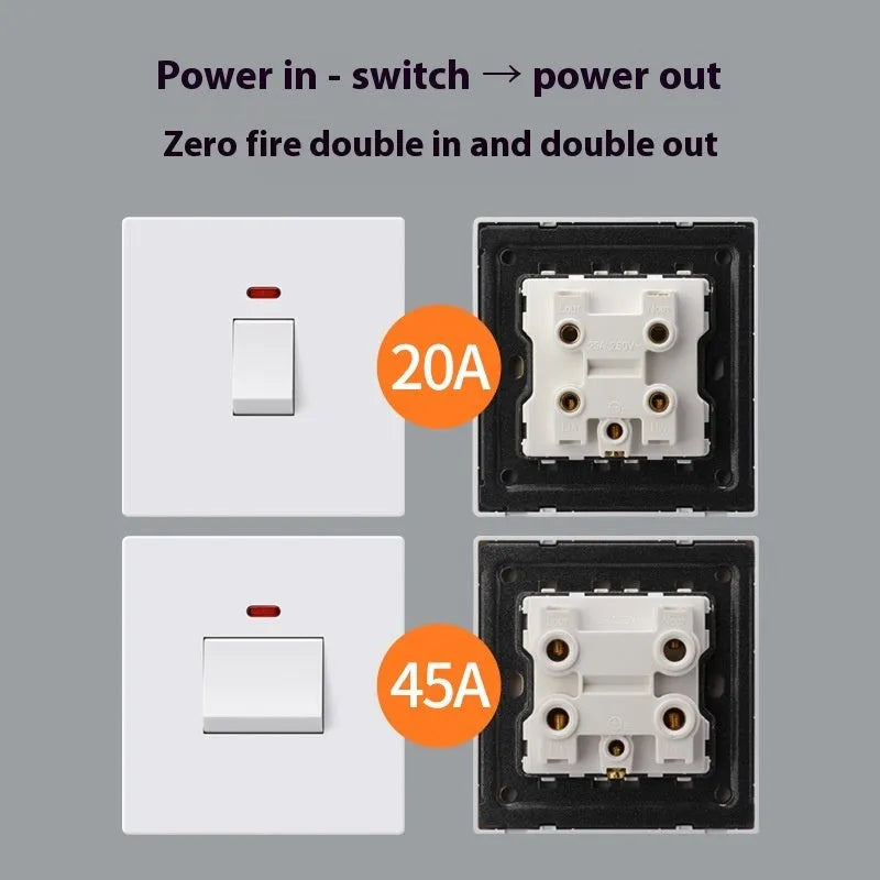High current 3P switch with illuminated panel for water heaters and air conditioners in gold, grey or white