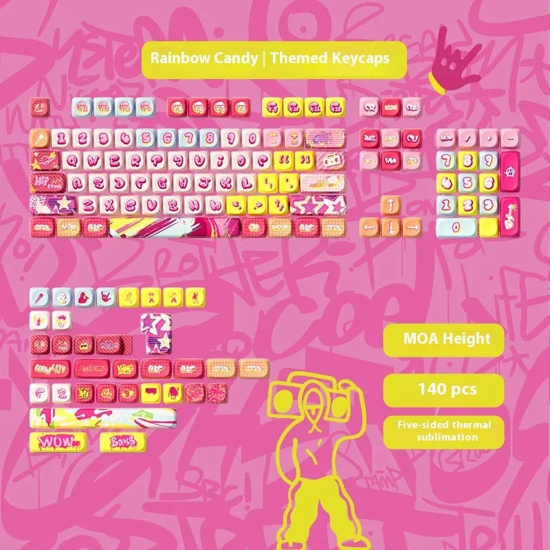 Sublimation printed cartoon pig theme mechanical keyboard keycaps full set with colourful party artwork