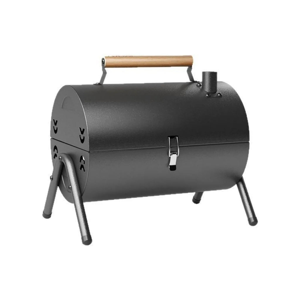 White round chimney oven style portable charcoal grill with detachable components for frying and baking