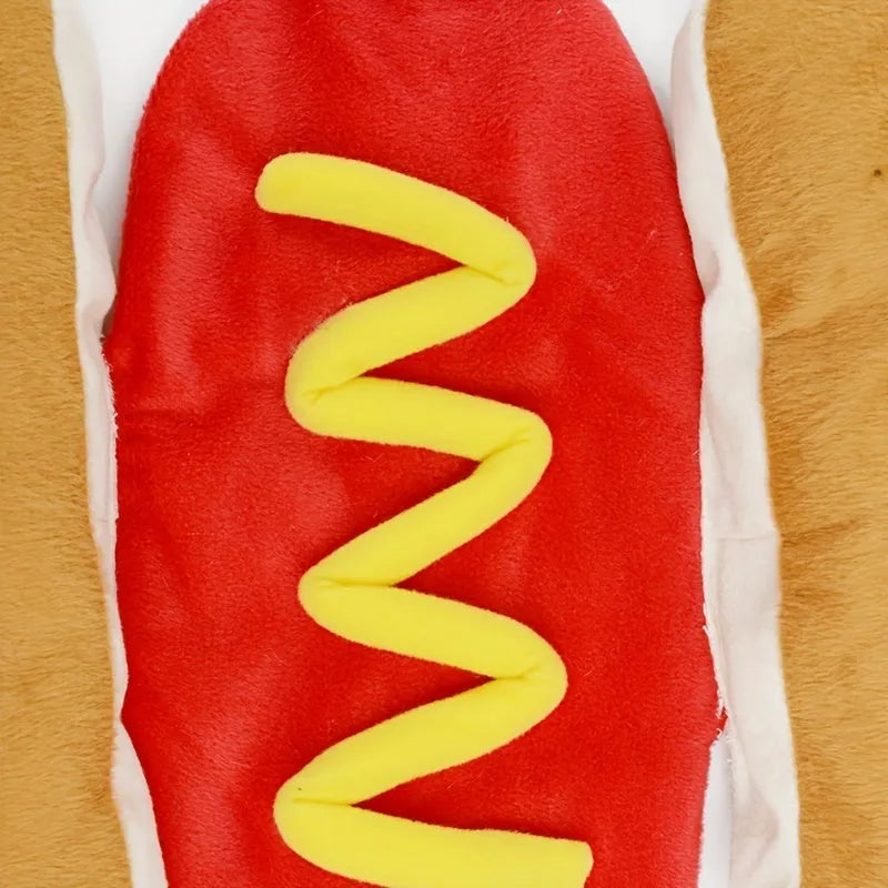 A dog wearing a stuffed hot dog costume coat in winter