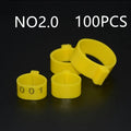 Chicken foot ring 100 PCS pack in six colours showing rings of 1.6mm, 2.0mm, and 2.5mm diameter