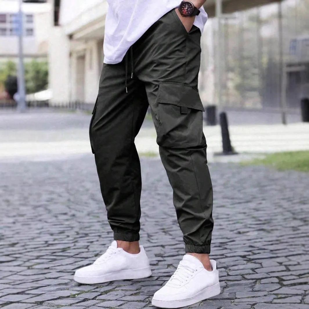 Workwear casual pants with drawstring elastic waist, solid colour, skinny leg, polyester, available in Asian sizes S-3XL