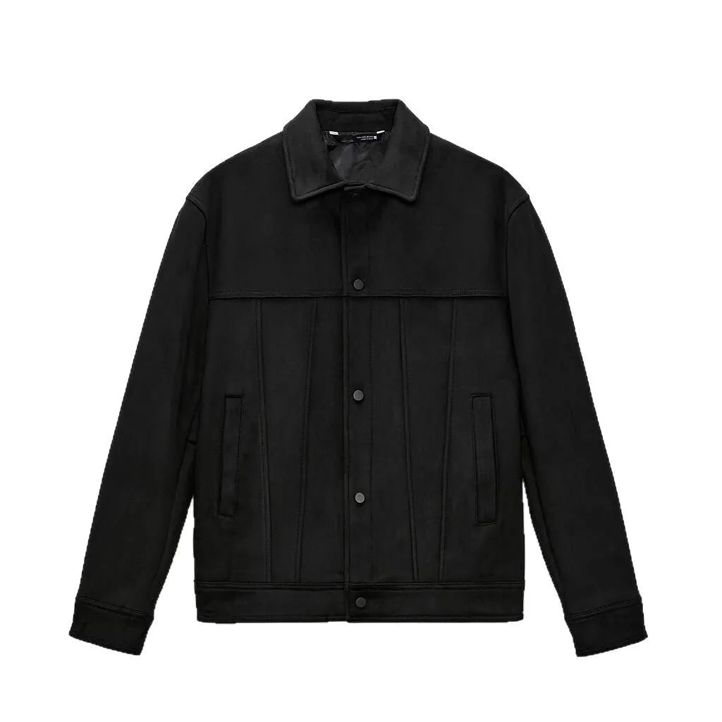 Black men's hooded jacket with suede collar and side seam pockets