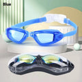 Children's large frame anti-fog swimming goggles in blue with silicone straps and glasses case