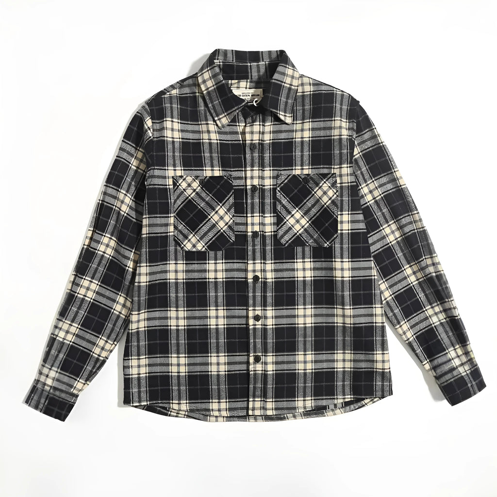Men's thickened plaid double pocket long sleeve overalls shirt in loose cardigan fit, available in four colours