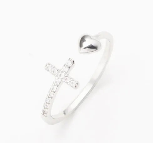 S925 sterling silver love cross women's open ring in white gold and rose gold on white background