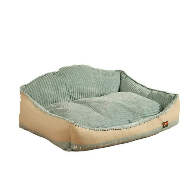 Morandi colour removable washable dog bed mat on a sofa, showing Large and Medium size options.