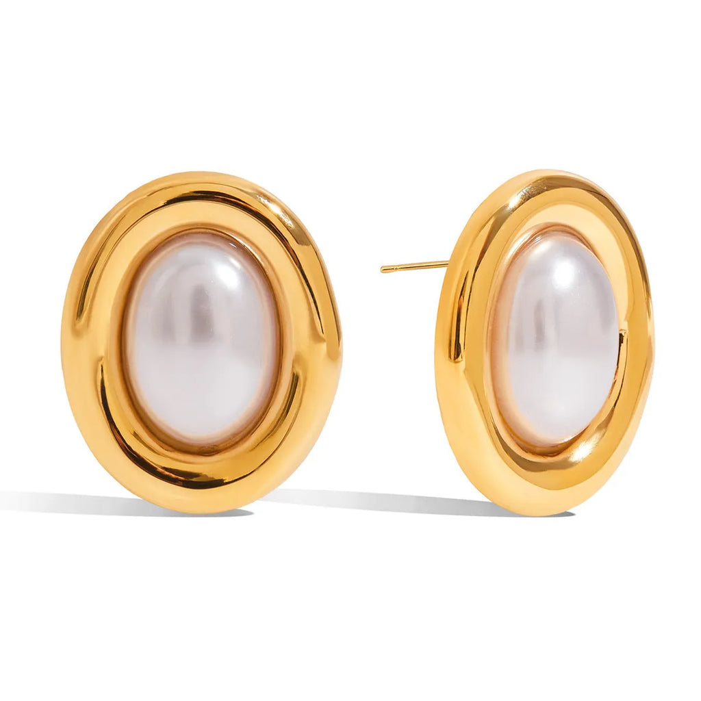 Close-up of stainless steel vintage pearl ear studs for women with a non-fade electroplated finish.