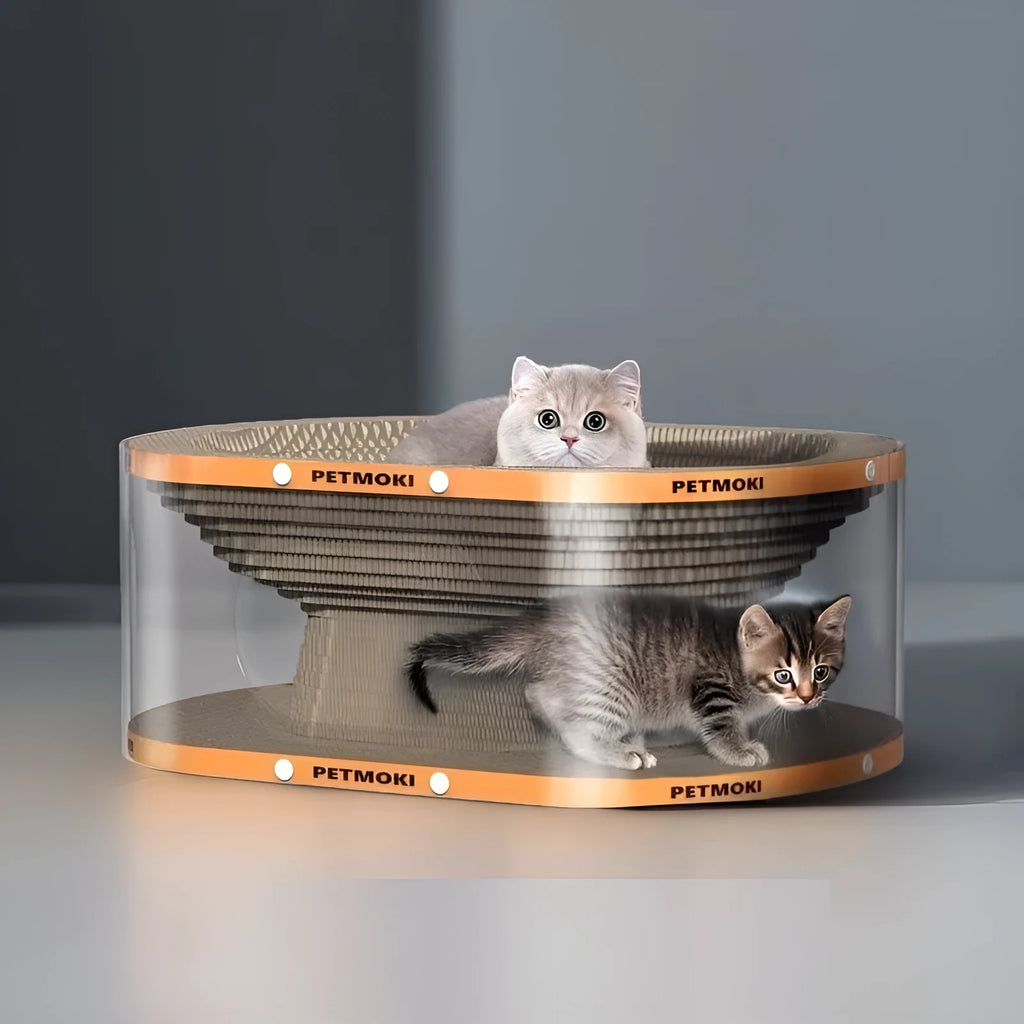 Transparent white diamond pattern cat scratch board with integrated tunnel nest.