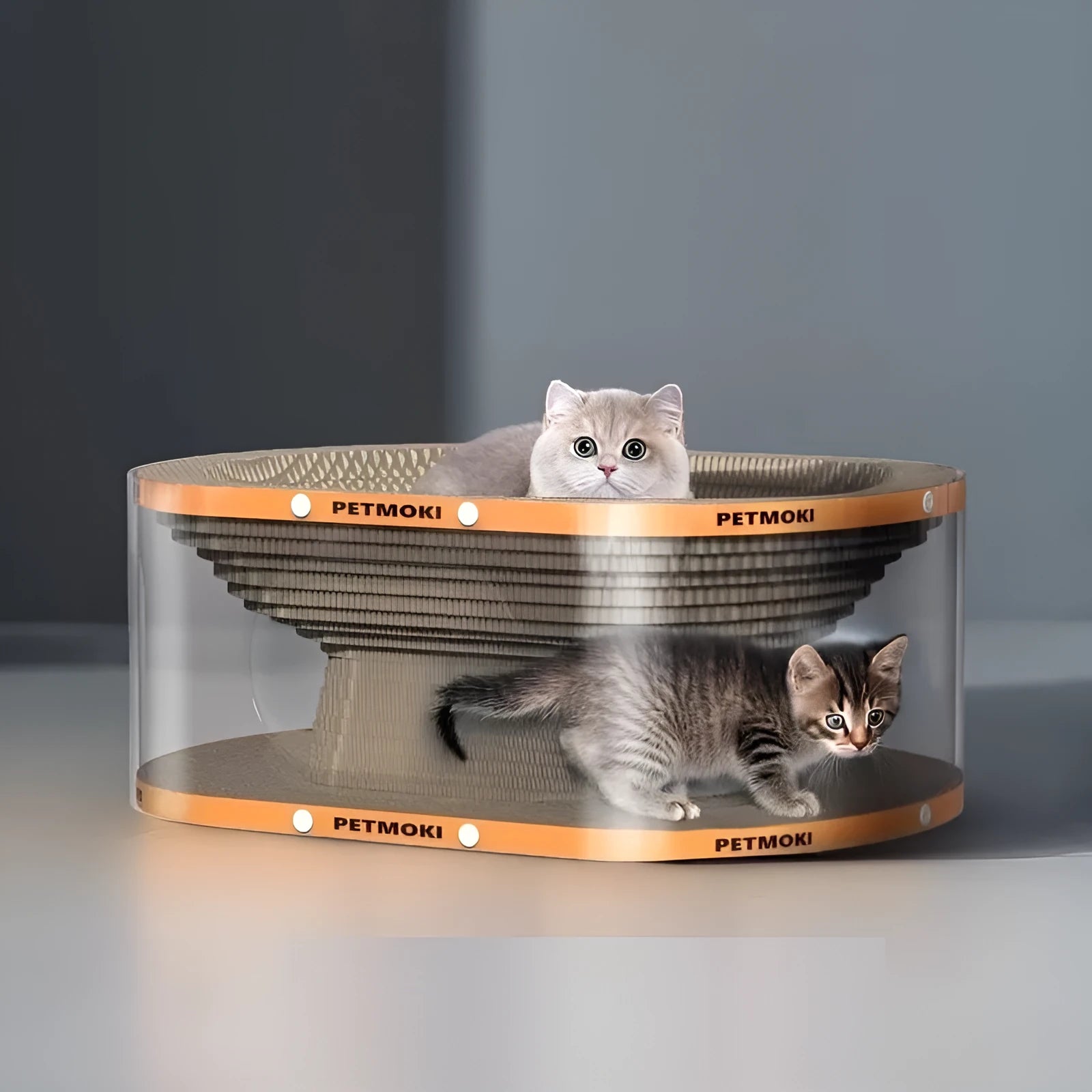 Transparent white diamond pattern cat scratch board with integrated tunnel nest.
