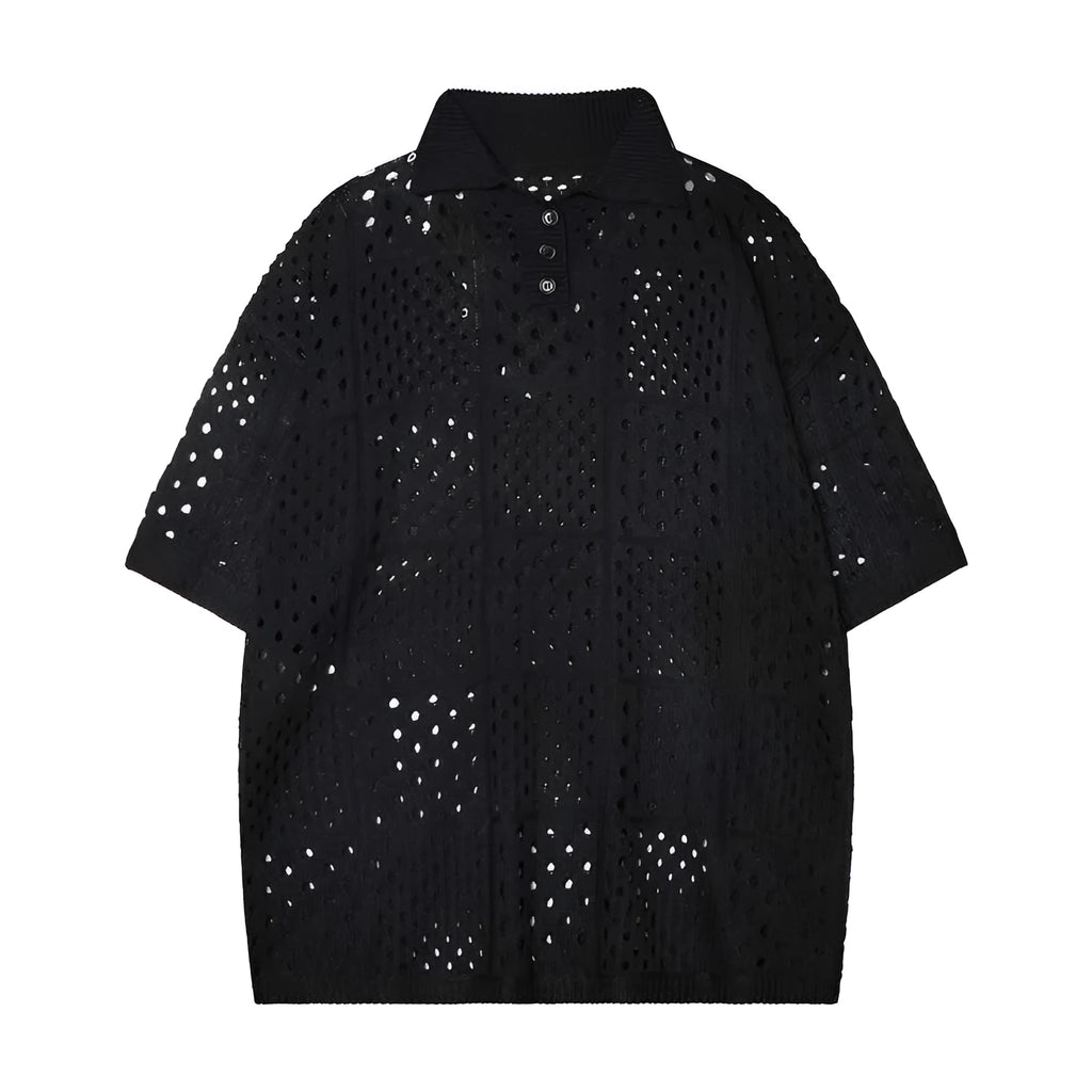 Solid colour hollow knit short sleeve polo shirt in loose fit design