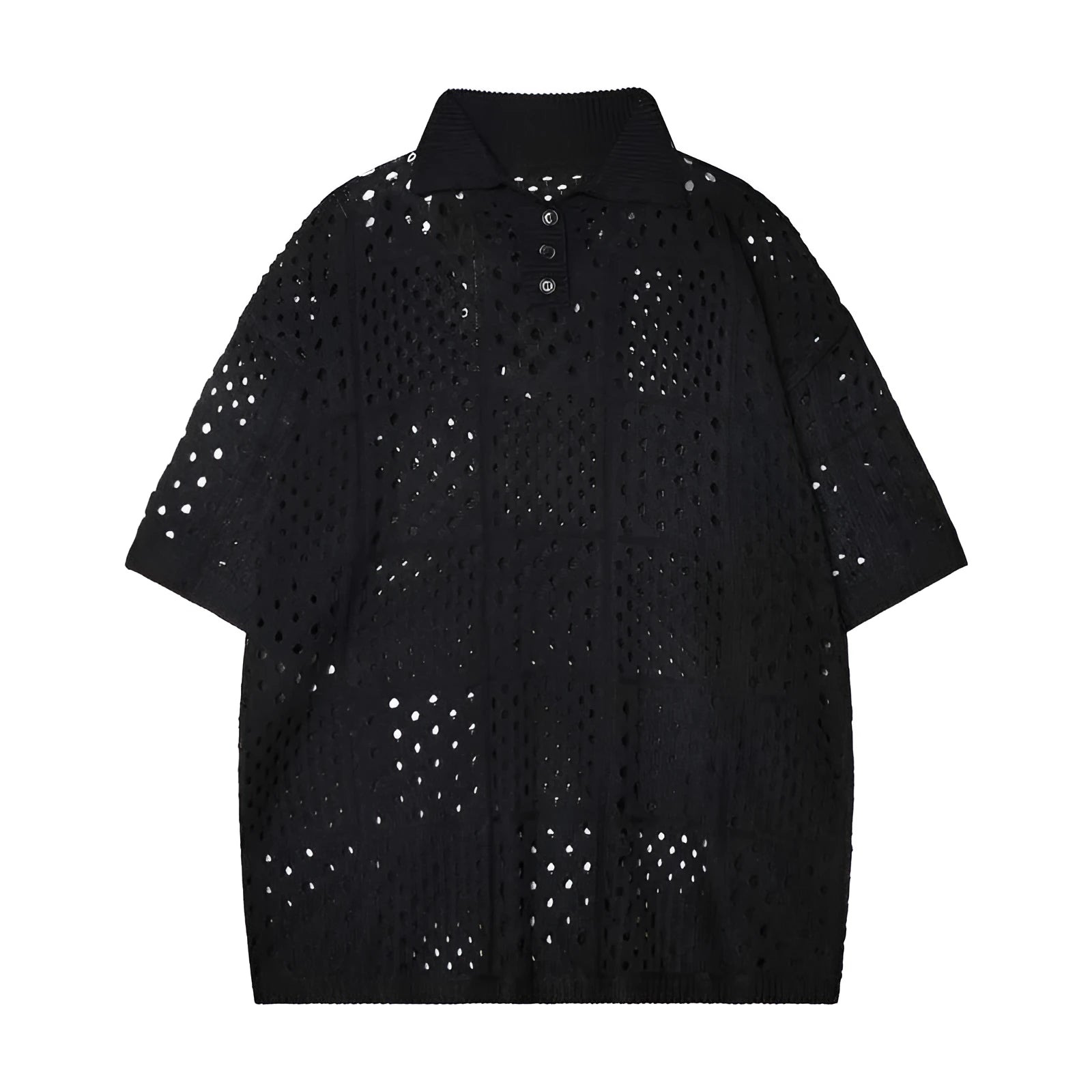 Solid colour hollow knit short sleeve polo shirt in loose fit design