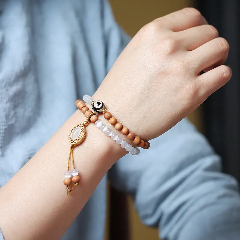 Sandalwood opal double ring women's bracelet with Tibetan beads in retro style