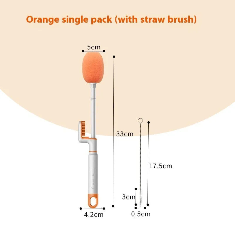 Long handle plastic cup brush in orange and army green with replacement heads for kitchen bottle cleaning