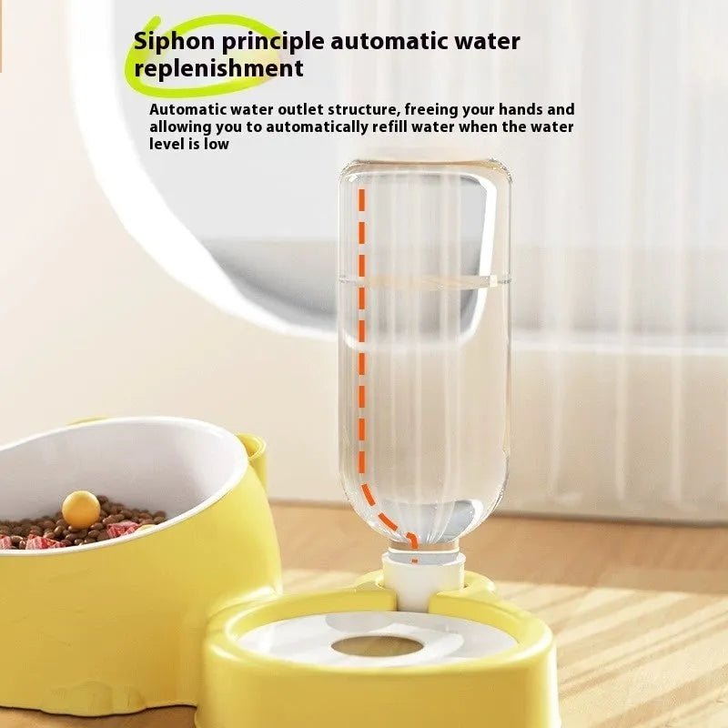 Automatic pet drinking basin with two bowls in stainless steel and ceramic
