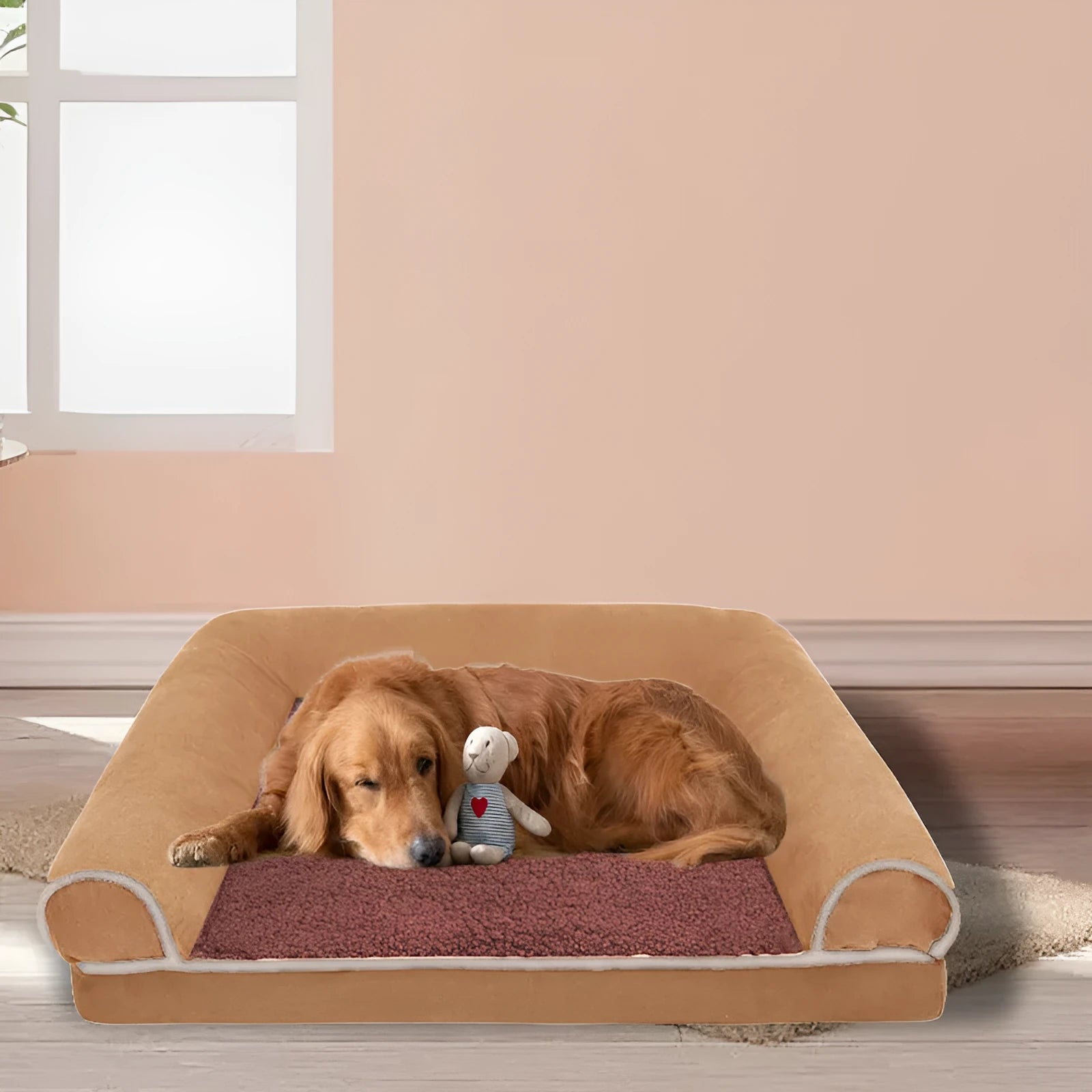 Household personality memory sponge dog mattress with cloth cover in beige, on floor